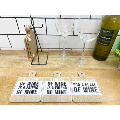 Set of 6 Wine Slogan Coasters with Metal Stand, Fun and Practical