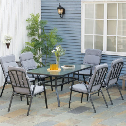 7-Piece Garden Dining Set with Glass Table, Umbrella Hole and Cushions, Black