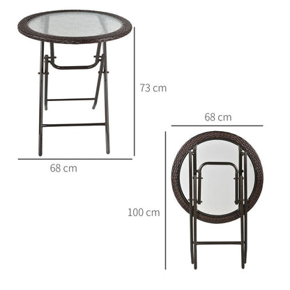 Round Folding Tempered Glass Metal Table with Brown Rattan Edging