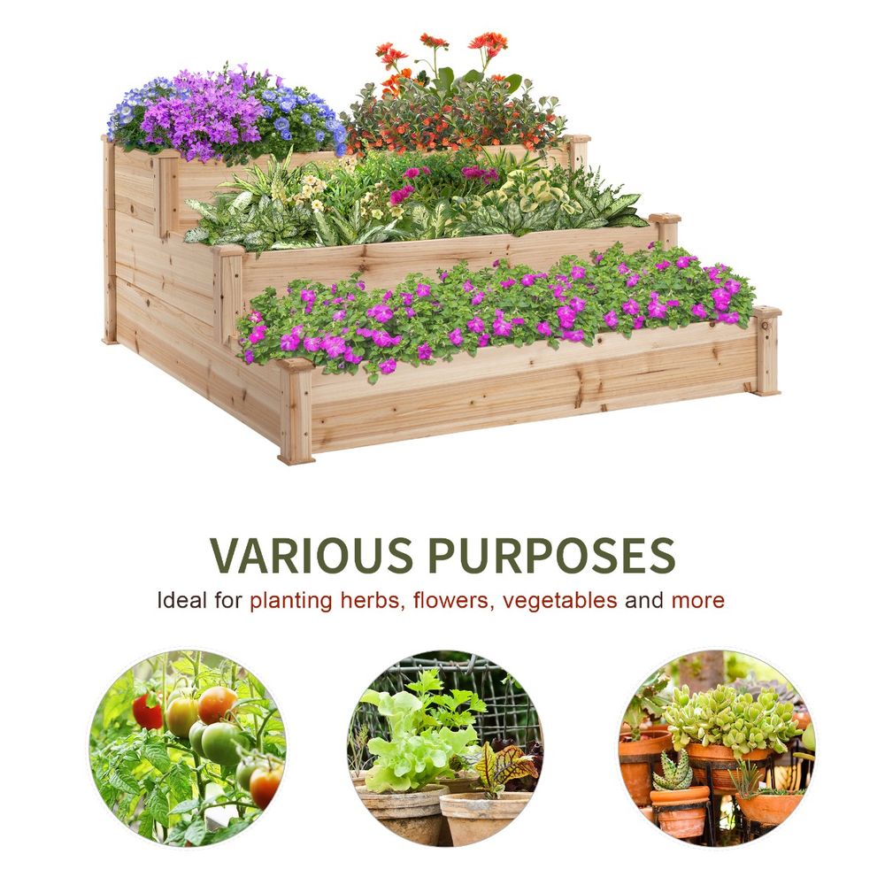 Wooden 3-Tier Raised Bed Planter Kit: Elevated Plant Box, 124x124x56cm