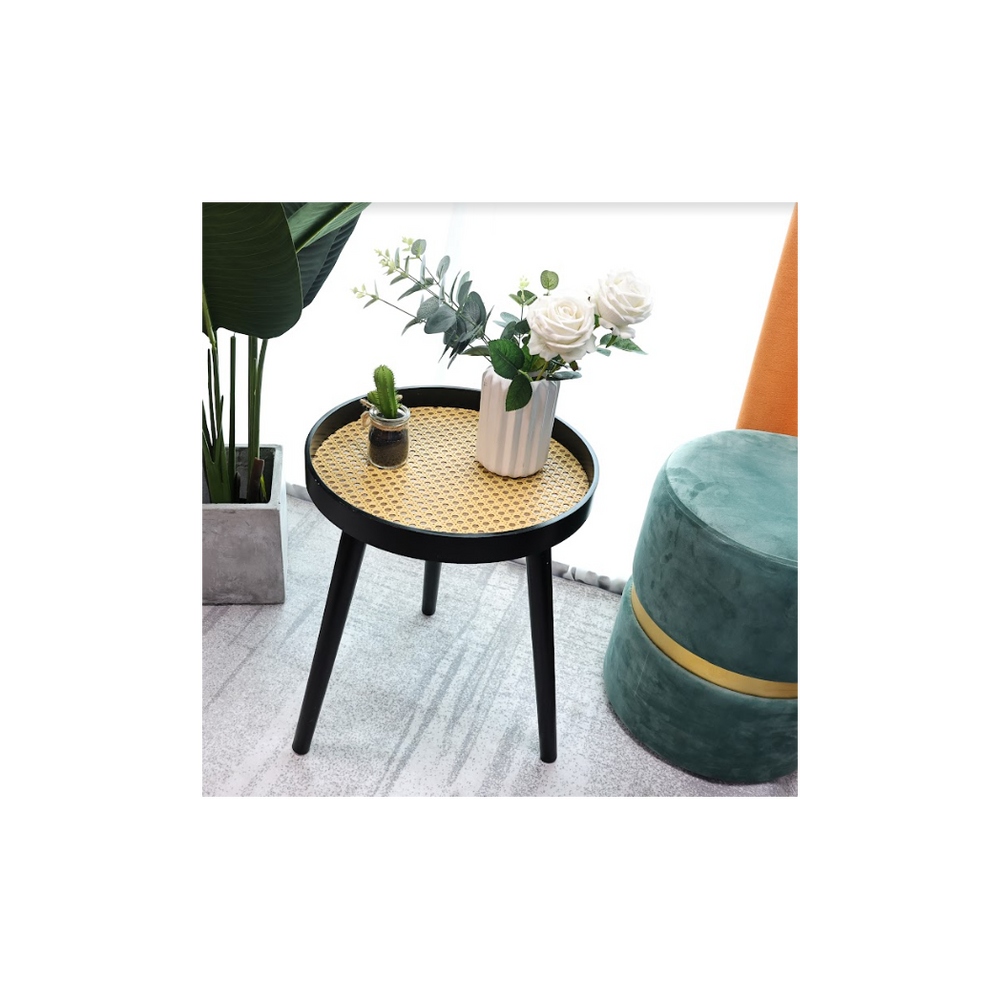 Cane Black Round Side Table, Modern and Chic