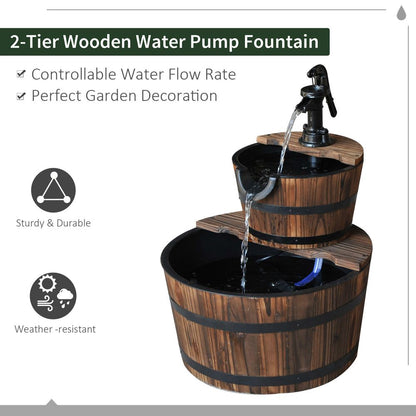 2-Tier Wooden Water Pump Fountain, Fir Wood and Steel Construction