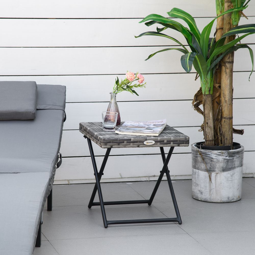 Folding Square Rattan Coffee Table Bistro Balcony Garden Steel  Outsunny