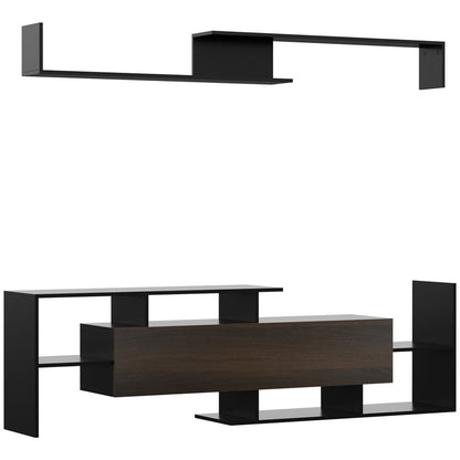 Black and Brown TV Cabinet Unit with Wall-Mounted Shelf & Open Shelves