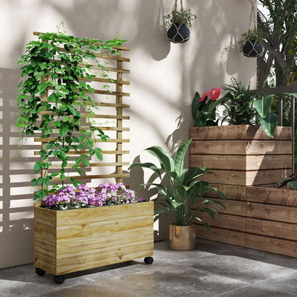 Natural Wooden Garden Trellis Planter Box with 4 Wheels & Raised Bed