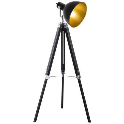 Retro Tripod Floor Lamp with Dome Shade and Wooden Legs in Black/Gold