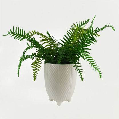 Tall Ceramic Planter Plant Pot With Feet White Stripe 15 x 15 x 19cm