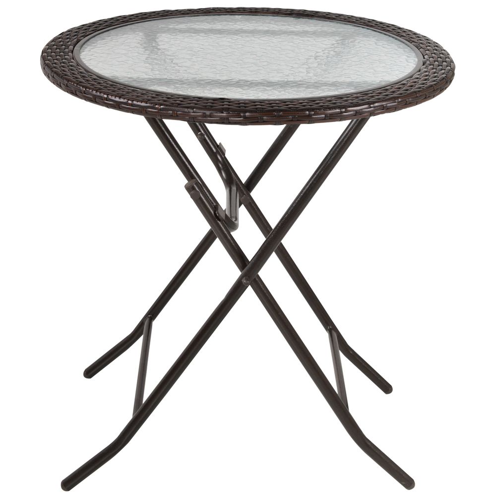 Round Folding Tempered Glass Metal Table with Brown Rattan Edging