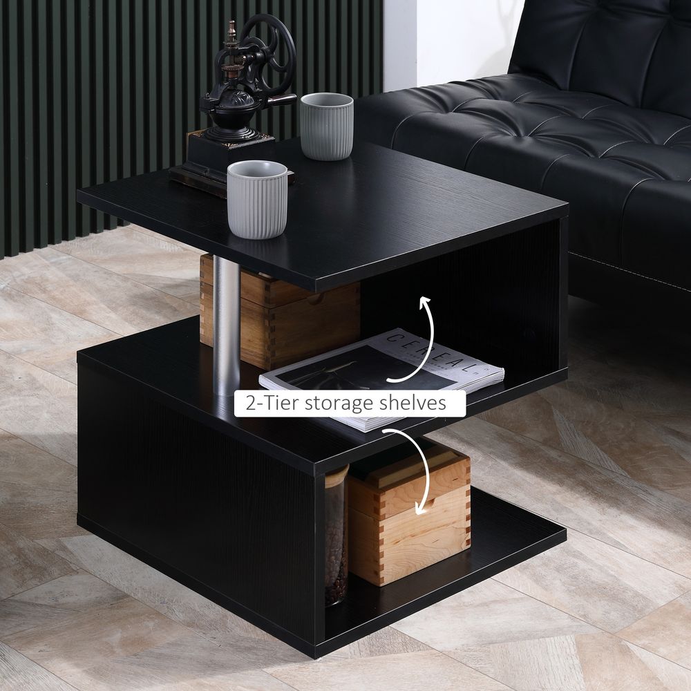 Wooden Side S-Shape Cube Coffee Table – 2-Tier Console in Black, 50x50x50 cm