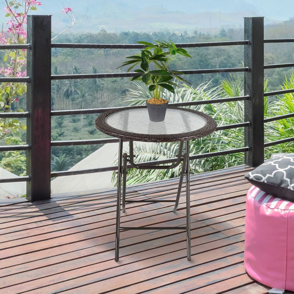 Round Folding Tempered Glass Metal Table with Brown Rattan Edging