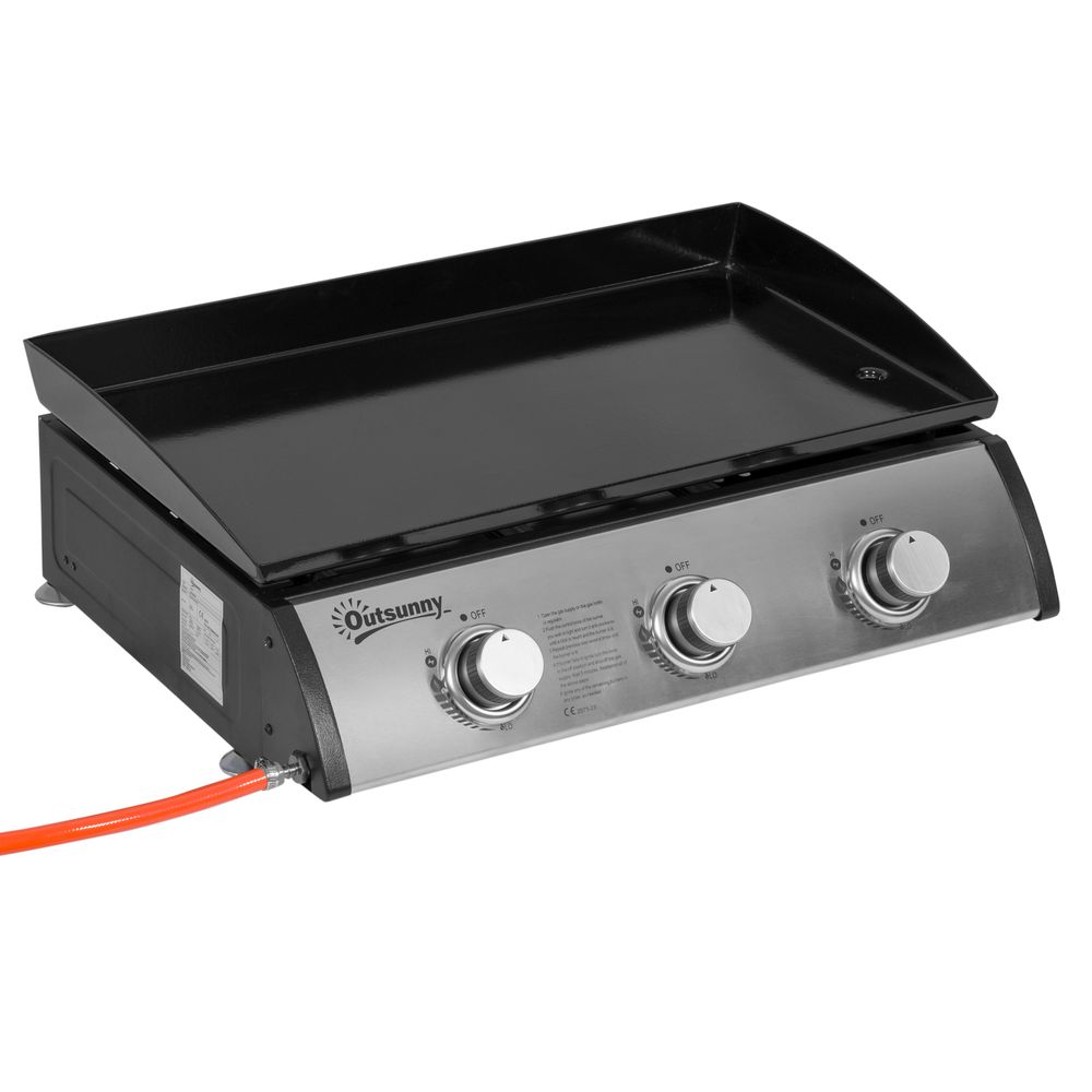 Portable Gas Plancha BBQ Grill with 3 Stainless Steel Burners, 9kW