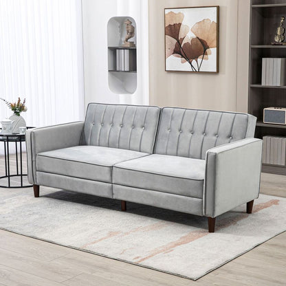 Convertible Futon Sofa Bed – Velvet-Touch Tufted Couch with Split Back – Grey