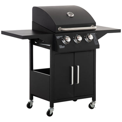 3-Burner Gas BBQ Grill - Portable Barbecue Trolley with Warming Rack and Storage Cabinet