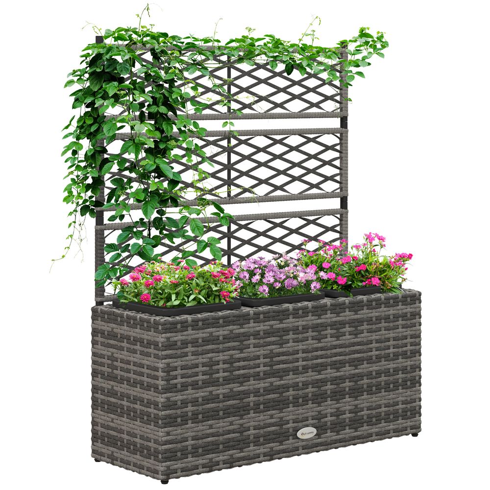 Garden PE Rattan Planter Box with Trellis, Flower Raised Bed, 84x30x107cm