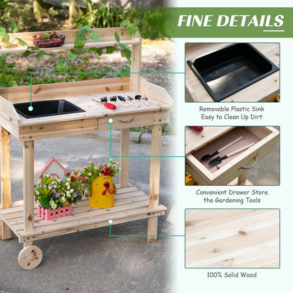 Wooden Bench Work Table - Includes Sink, Drawer, Storage Spaces, with 2 Wheels, 92x45x119cm