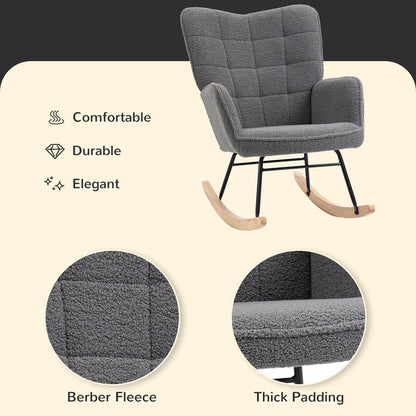 Wingback Rocking Chair for Nursing with Steel Frame and Wooden Base, Grey