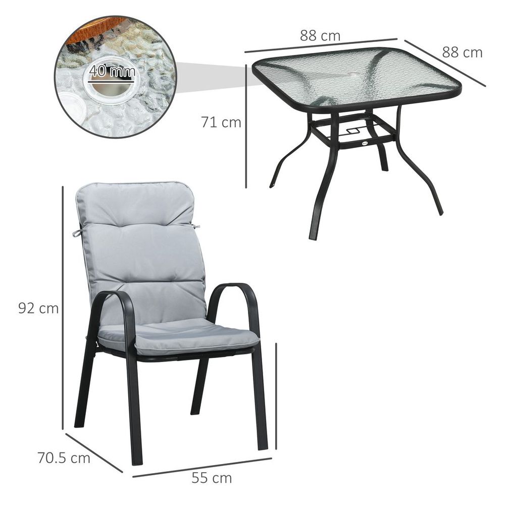 Outsunny Garden Dining Set, Glass Table w/ Umbrella Hole & Texteline Seats