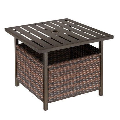 Outdoor Rattan Coffee Table with Umbrella Hole, Suitable for Garden or Backyard