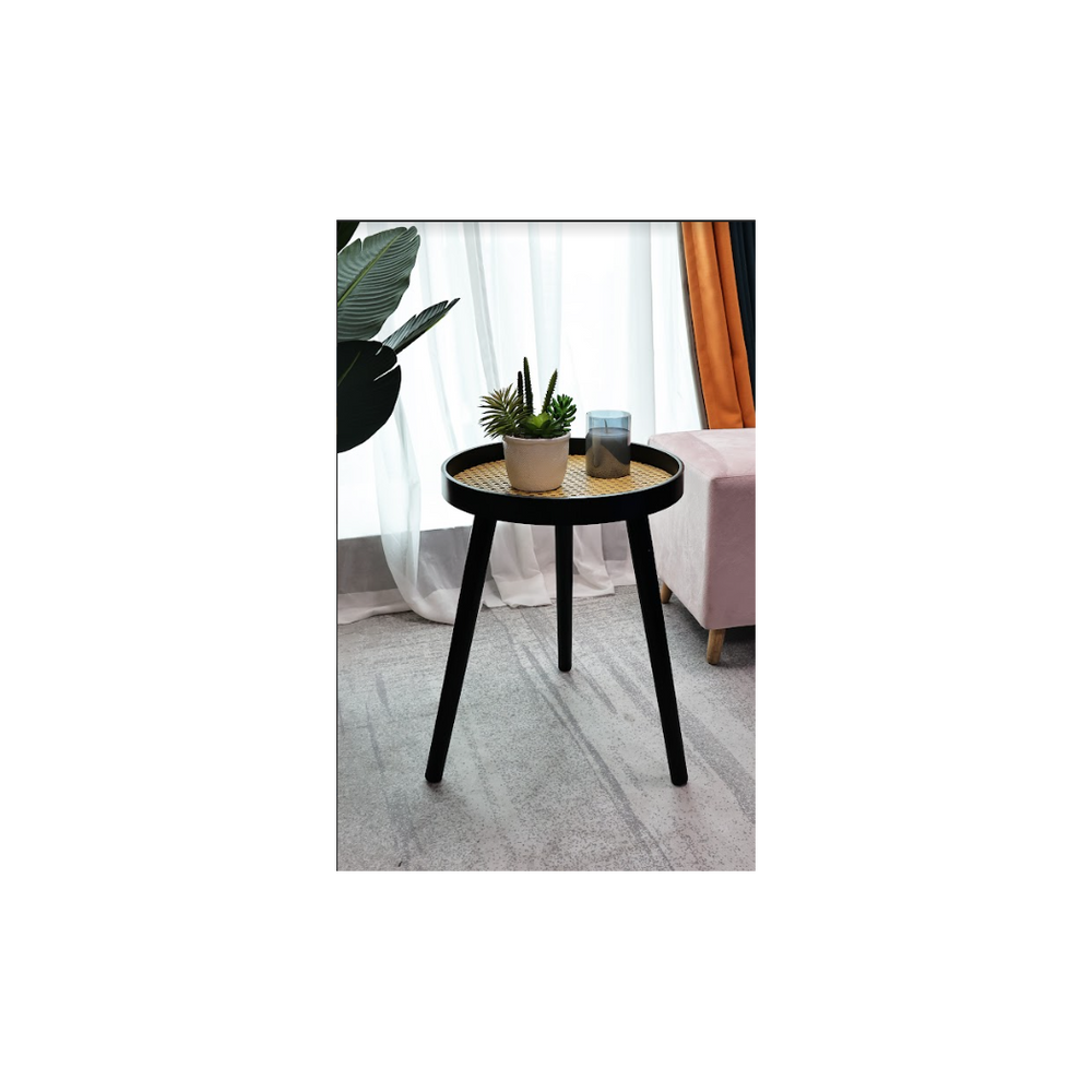 Cane Black Round Side Table, Modern and Chic