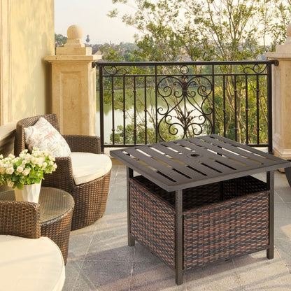 Outdoor Rattan Coffee Table with Umbrella Hole, Suitable for Garden or Backyard