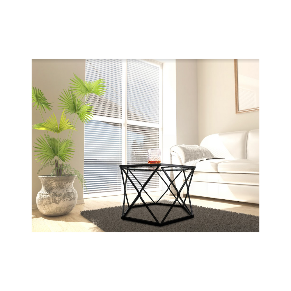 Large Hexagon Tempered Glass Black Coffee Side Table