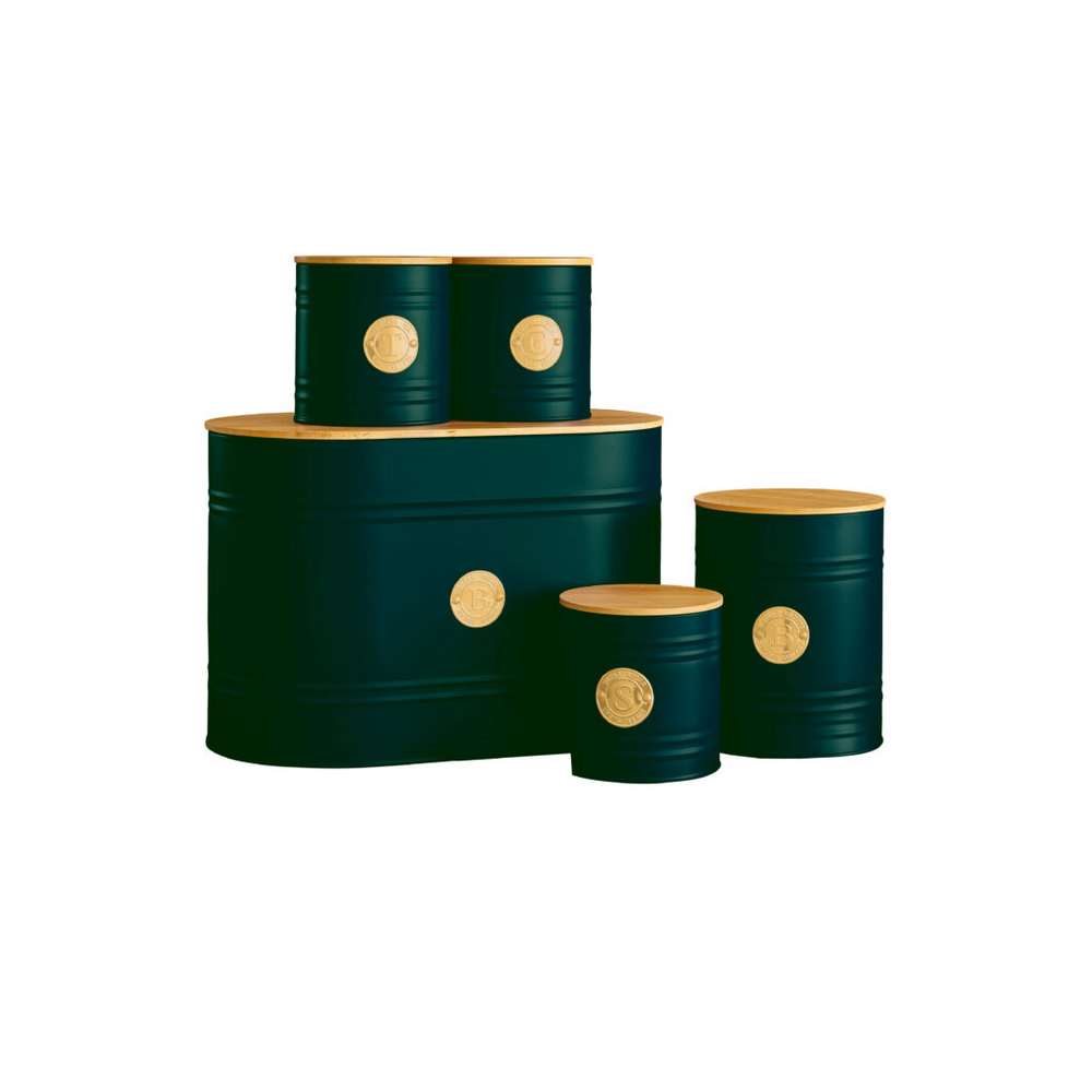 5-Piece Emerald Green Scandi Kitchen Canister Set, Stylish Storage