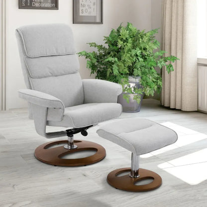 Recliner Chair & Ottoman Set – 360° Swivel with Thick Padding and Wood Base – Grey