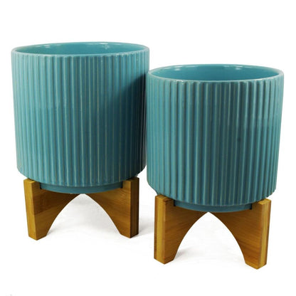 Turquoise Blue Ribbed Ceramic Planter Pot: 13.5 x 13.5 x 13cm